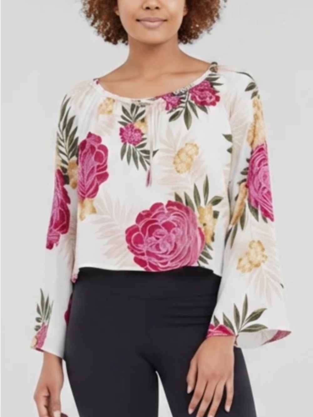 Billabong White Floral Scoop-Neck Blouse with Pink & Gold Blooms